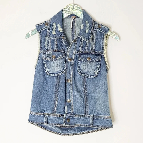 Free People Denim Crochet Back Vest XS - Picture 7 of 7